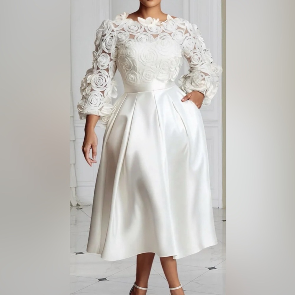 Elegant White Satin Floral Appliqué Long Dress